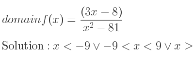 The domain of f(x)=((3x+8))/(x^2-81) is x<-9\lor-9<x<9\lor x>9